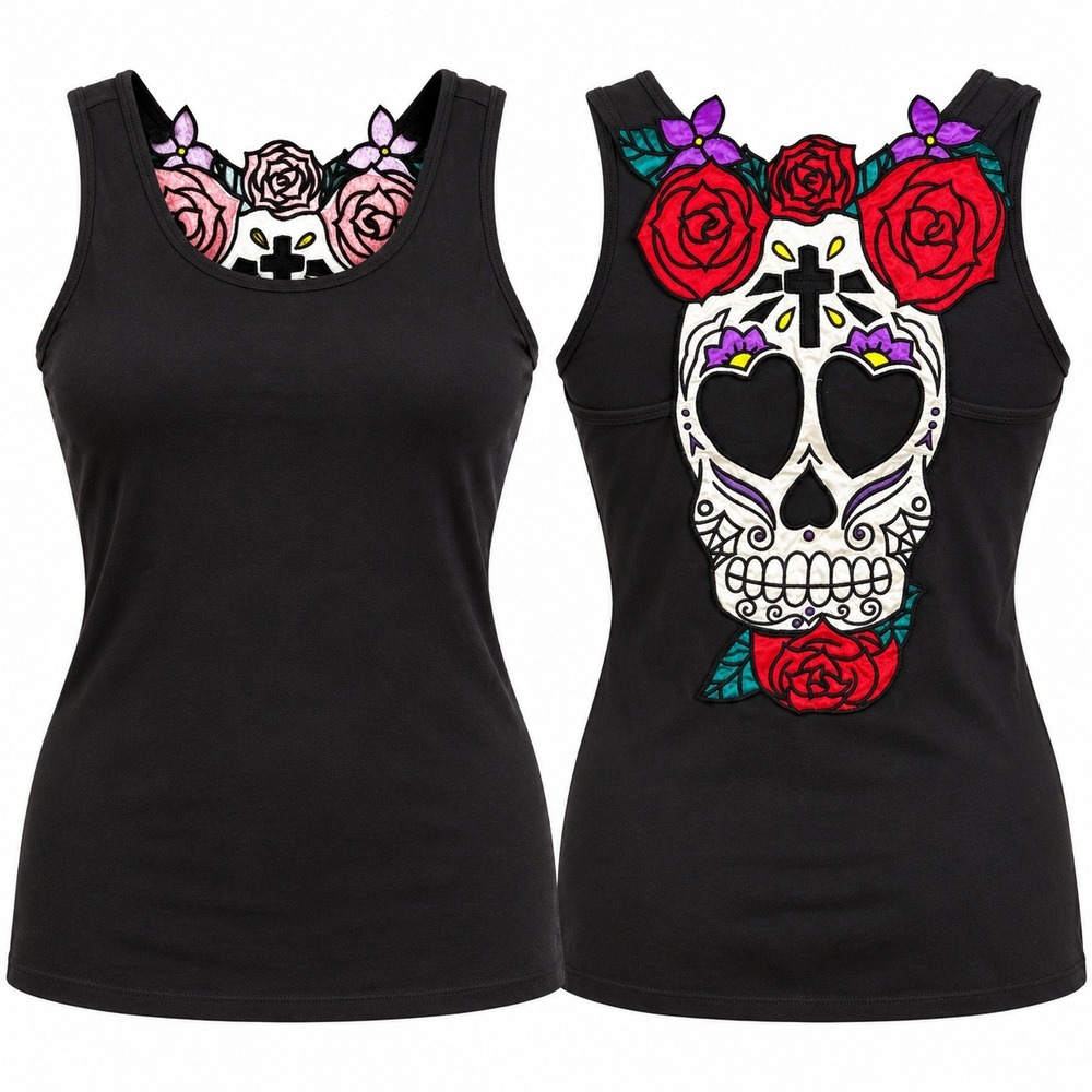 Hell Bunny Skull Rose Tank Top L Black Sugar Skull Goth Rockabilly 6362